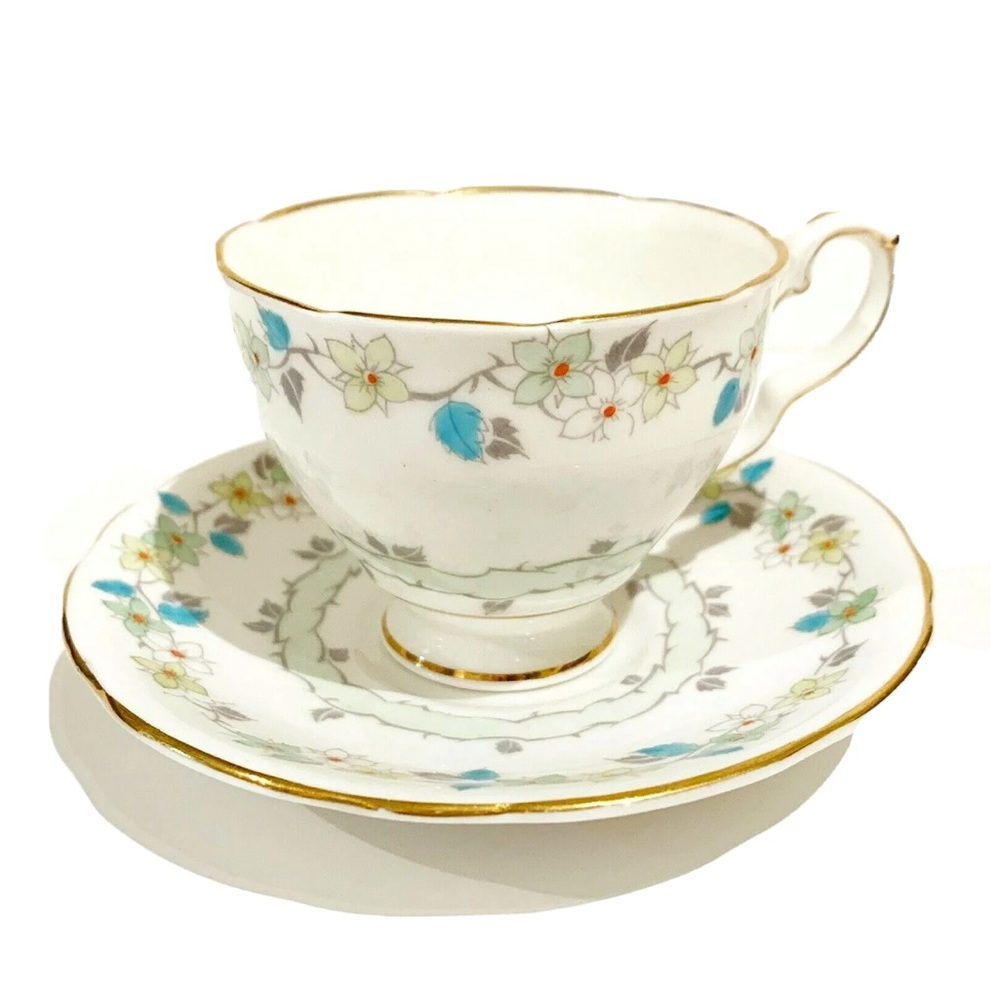 Vintage Royal Stafford Bone China England Tea Cup & Saucer Floral Green Yellow